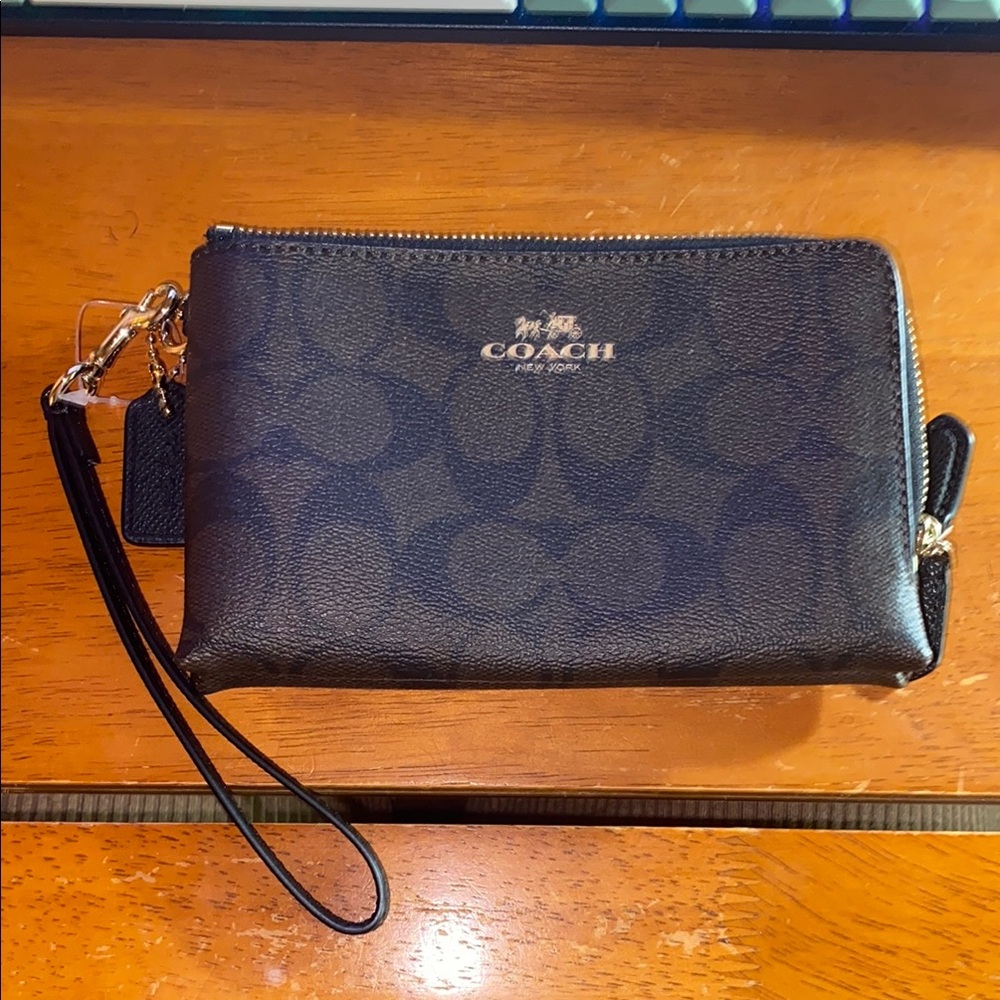Coach Black and Brown Wristlet with Gold Accents
